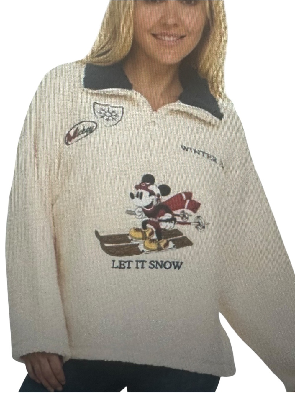 Disney Cream 'Let It Snow' Mickey Ski Cowl Sweater with Black Collar